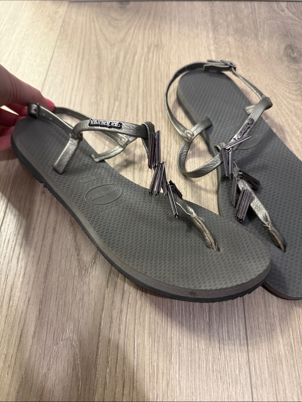 Havaianas Women's Metallic Charcoal T-Strap Sandals with Tassel Accents